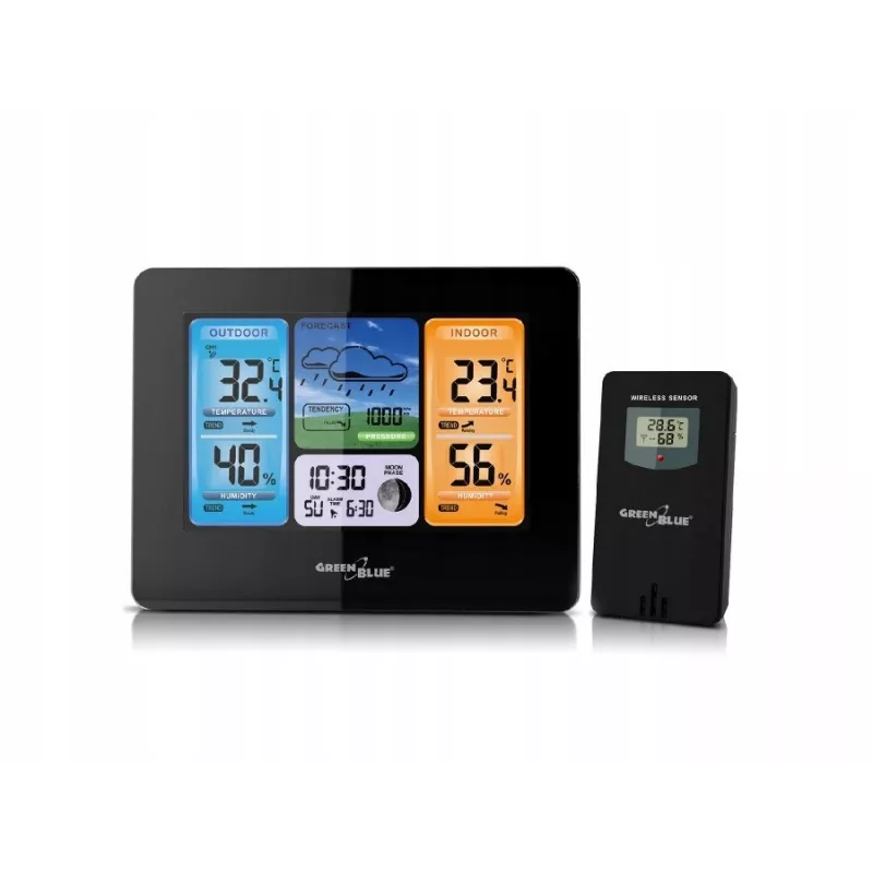 Skaitmeninė orų stotelė GreenBlue GB526 juoda – temperatūra viduje -20…60°C, lauke -40…70°C, drėgmė 20…95%, laikrodis, mėnulio fazė