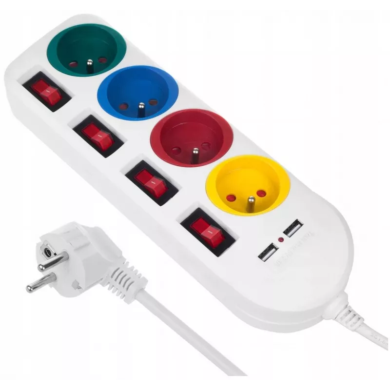 Maclean MCE229W ilgintuvas – 4 kištukiniai lizdai, 2× USB, 1,5 m laidas, baltas