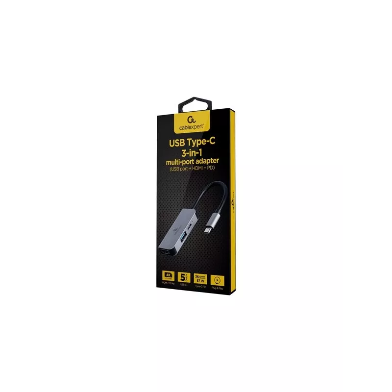 Gembird A-CM-COMBO3-02 USB-C 3 viename daugiaporčio adapteris, USB 3.2 Gen 1 šakotuvas, HDMI 4K, USB-C PD 87 W, sidabrinis
