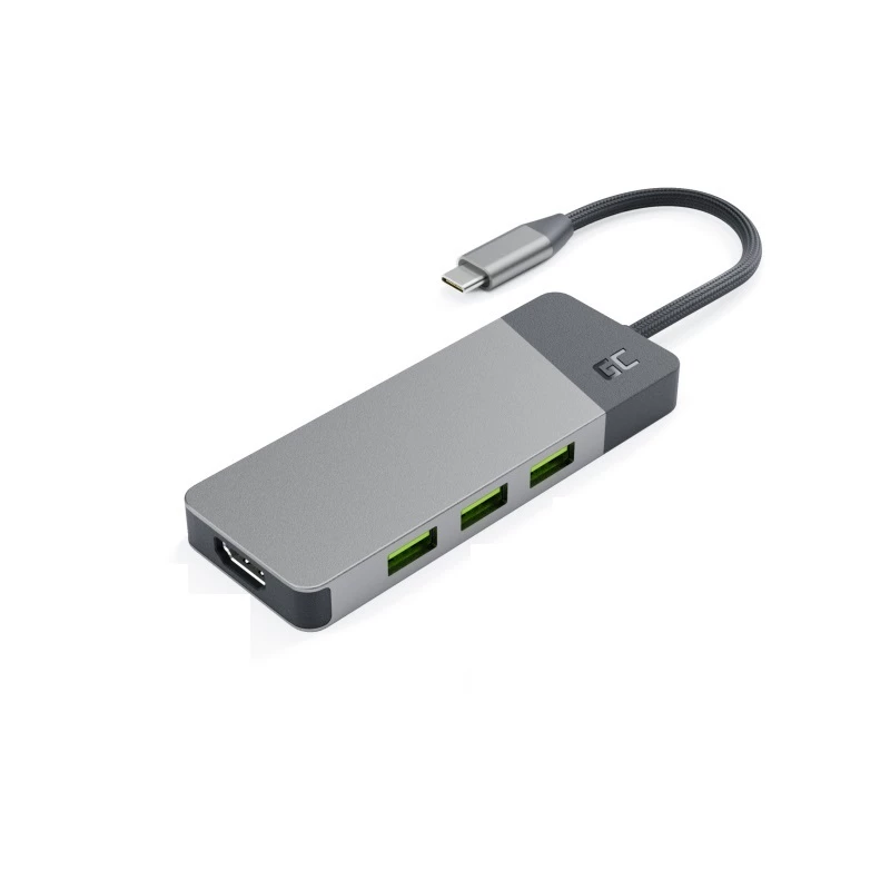 USB Type-C centrinis įrenginys Green Cell HUBGC01 — 7 prievadai: 3×USB-A 3.2 Gen 1, 1×USB-C 3.2 Gen 1, HDMI, microSD+SD kortelių skaitytuvas — sidabrinis