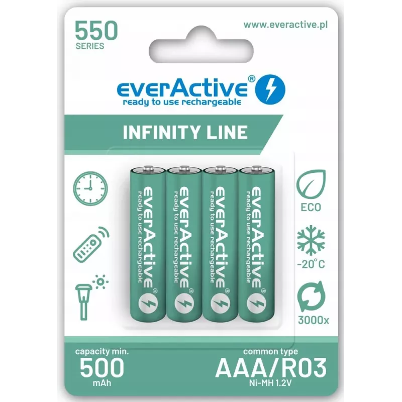 Įkraunamos AAA NiMH baterijos everActive EVHRL03-550 1,2V 550mAh, 4 vnt., cilindrinės R03