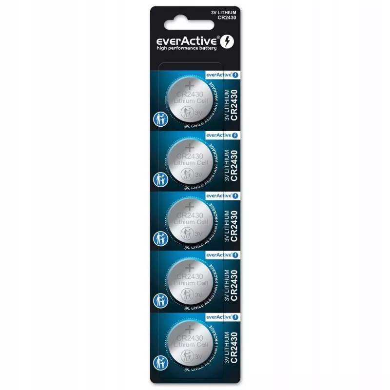 Butoninė baterija everActive CR2430 ličio 3 V, 24,5 mm × 3 mm, pakuotė po 5 vnt.
