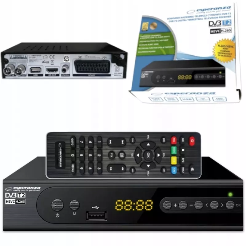 Set-top box ESPERANZA EV106R kabelinis imtuvas DVB-T2 / DVB-C HEVC H.265, HDMI, USB, PVR, Dolby Digital, 174–790 MHz, juodas