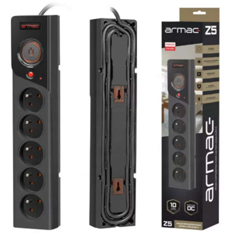 Prailginimo laidas ARMAC Z5 3 m 5x 230V 10A juodas su kabelių organizatoriumi