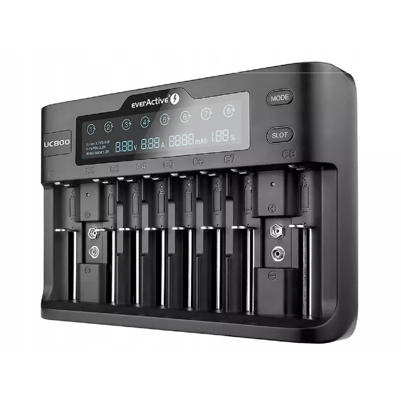 Įkroviklis everActive UC-800 AC 12V 3A – LiFePO4/LiPo/NiMH, AA/AAA/9V, iki 10 baterijų, 12 V įėjimas, ekranas, juodas