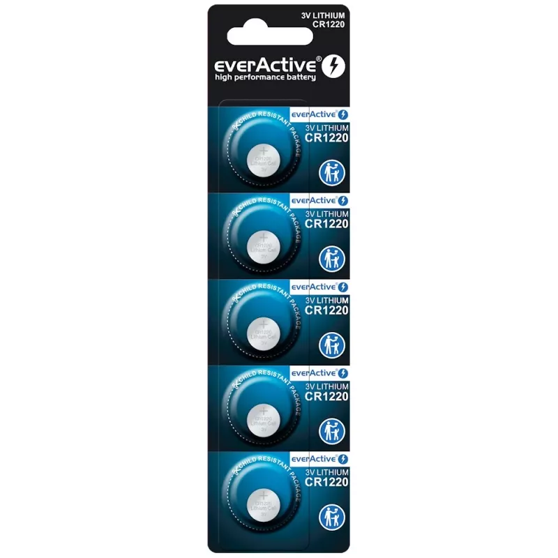 Button ličio baterija everActive CR1220 – 3V, 40 mAh, 12,5×2 mm, vienkartinė, 5 vnt.