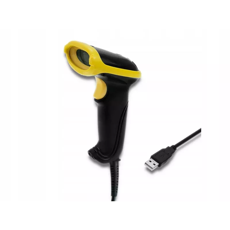 Nešiojamas brūkšninių kodų skaitytuvas QOLTEC 50867 — 1D/2D lazerinis skaitytuvas, USB laidinis, 600 mm diapazonas, geltona/juoda