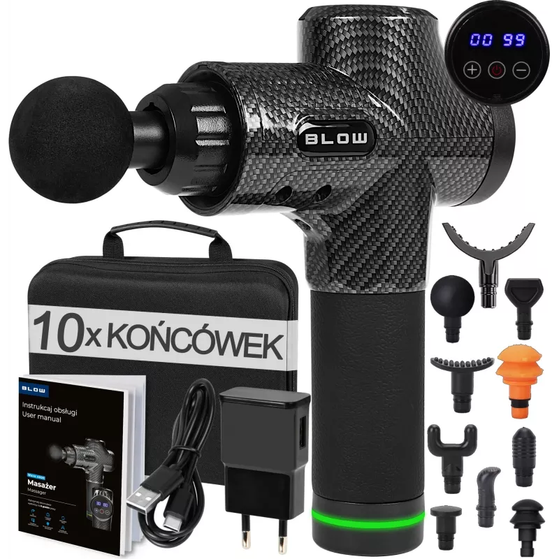 Nešiojamas perkusinis masažinis pistoletas BLOW Wave 4000 (44-340#) – 32 intensyvumo lygiai, 2200 mAh baterija, USB-C