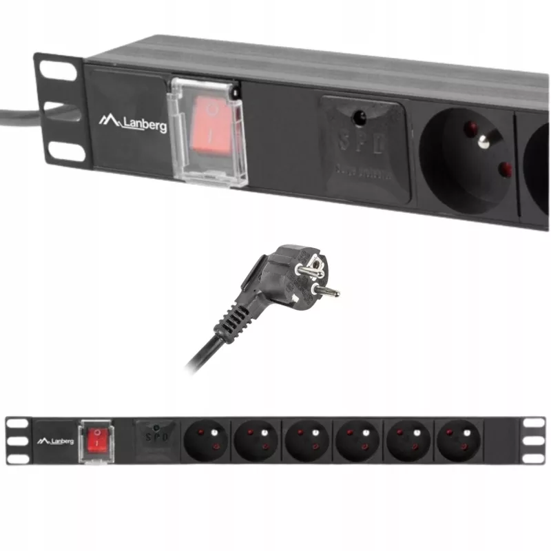 Maitinimo skirstytuvas LANBERG PDU-06E-0200-BK — 6x E tipo lizdai, 16 A, 2 m laidas, 1U stovas, 220–250 V