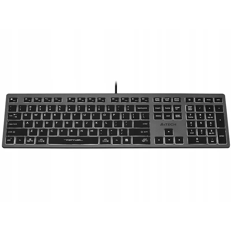 Laidinė klaviatūra A4Tech FX60H USB QWERTY – pilno dydžio 100%, baltas foninis apšvietimas, pilka, USB stotelė