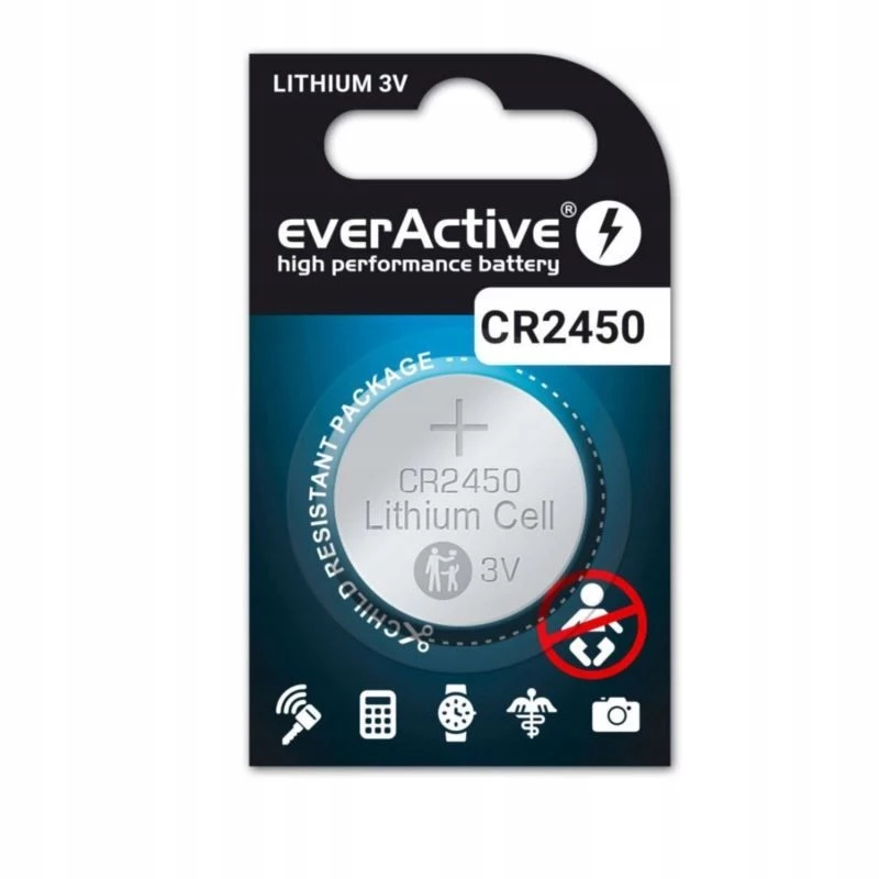 Ličio moneta/plokščia baterija everActive CR2450, 3 V, 5 mm aukščio – pakuotė po 5 vnt.