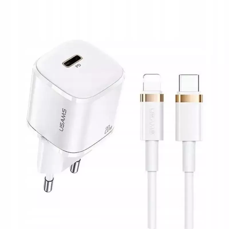 USAMS T36 mini USB-C tinklo įkroviklis, 20 W, PD 3.0, su 1 m USB-C – Lightning kabeliu
