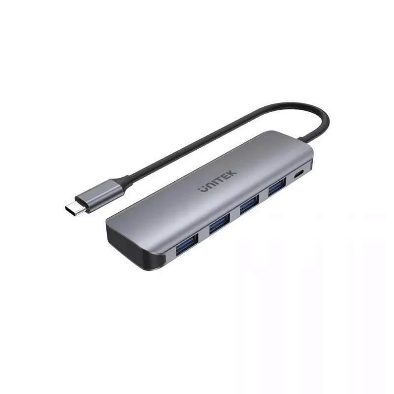 USB šakotuvas Unitek P5+ — 5 prievadų (4 × USB 3.2 Gen 2 Type-A), USB 3.2 Gen 1 pagrindinis, 5 Gbit/s, 10 W PD, aliuminis, pilka
