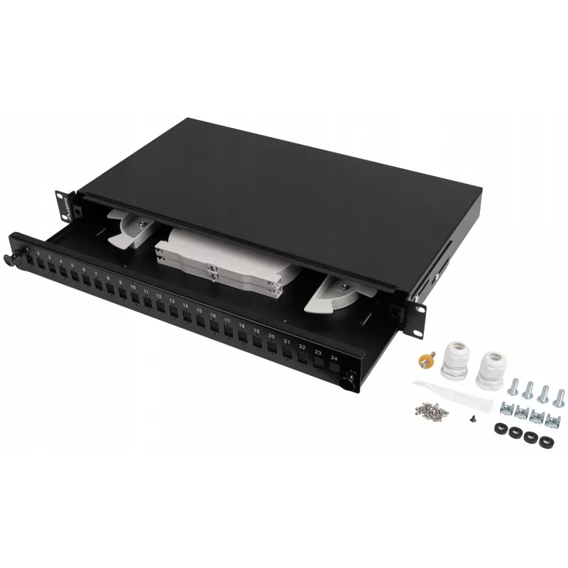 Paskirstymo dėžutė šviesolaidinei optikai Rack 1U 24xSC/LC 19 inch juoda