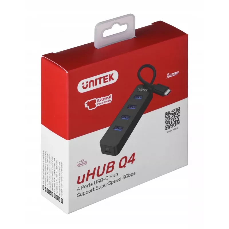 USB šakotuvas Unitek uHUB Q4 — 4 prievadų USB 3.2 Gen 1 (Type-A) šakotuvas, USB-C jungtis, 5 Gbit/s, 10 W, juodas