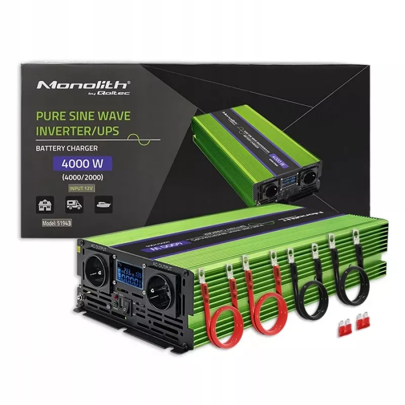 Qoltec Monolith įtampos keitiklis | Akumuliatoriaus įkroviklis | UPS | 2000 W | 4000 W | 12 V į 230 V | Grynas sinusas | LCD juodai žalias
