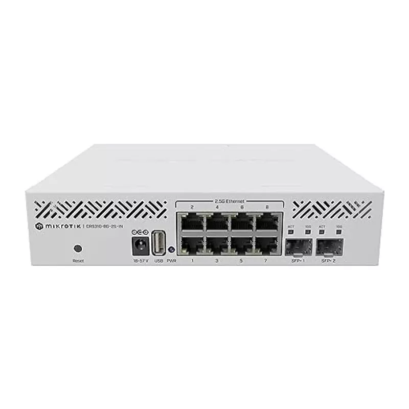 Valdomas L3 jungiklis MikroTik CRS310-8G+2S+IN — 8× 2.5G RJ-45, 2× SFP+, PoE, 1U stovo montavimui, baltas