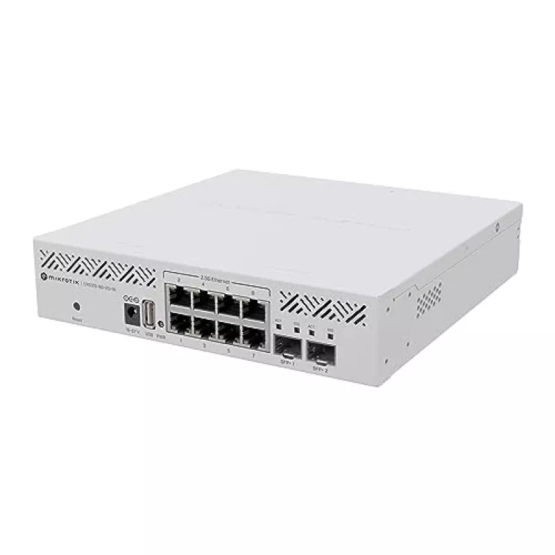 Valdomas L3 jungiklis MikroTik CRS310-8G+2S+IN — 8× 2.5G RJ-45, 2× SFP+, PoE, 1U stovo montavimui, baltas