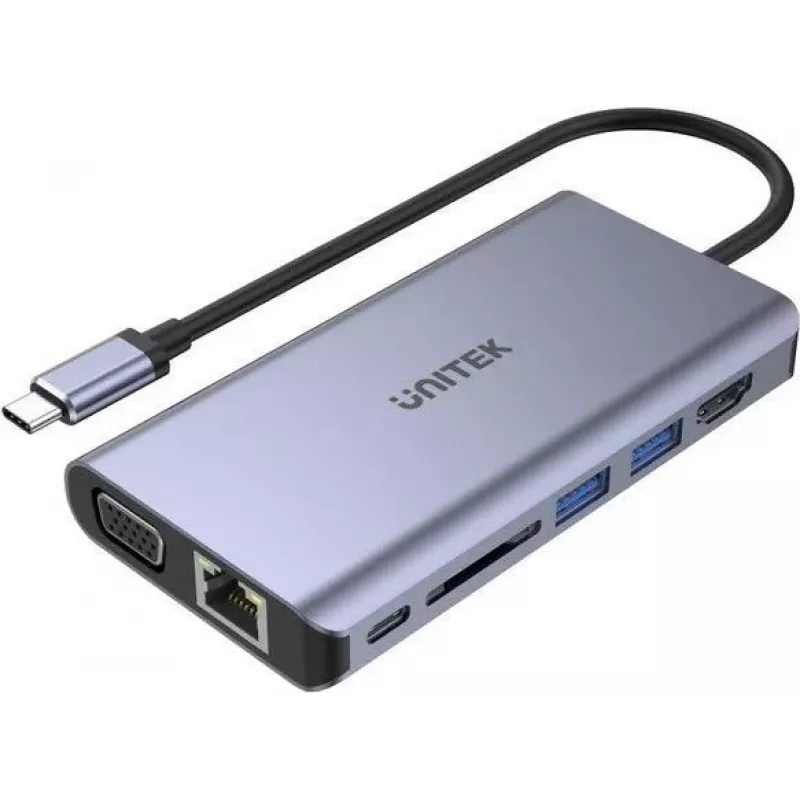 UNITEK uHUB O8+ laidinis USB 3.2 Gen 1 Type-C lizdas pilkas 100W Power Delivery