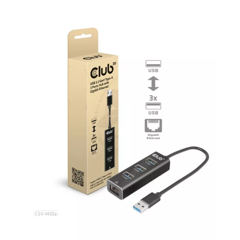 USB 3.2 Gen1 3 prievadų USB-A šakotuvas su Gigabit Ethernet – CLUB3D CSV-1430a