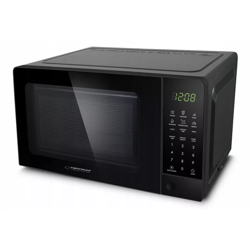 Mikrobangų krosnelė Solo ESPERANZA EKO009 — 700 W, 20 L, LED ekranas, jutiklinis valdymas, 24,5 cm stiklinė lėkštė, juoda