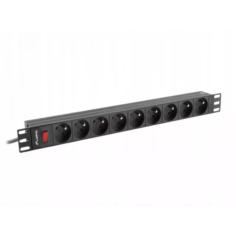 Maitinimo skirstytuvas LANBERG PDU-09E-0300-BK — 9x E tipo lizdai, 16 A, 220–250 V, 3 m laidas, 1U stovas, 19 colių