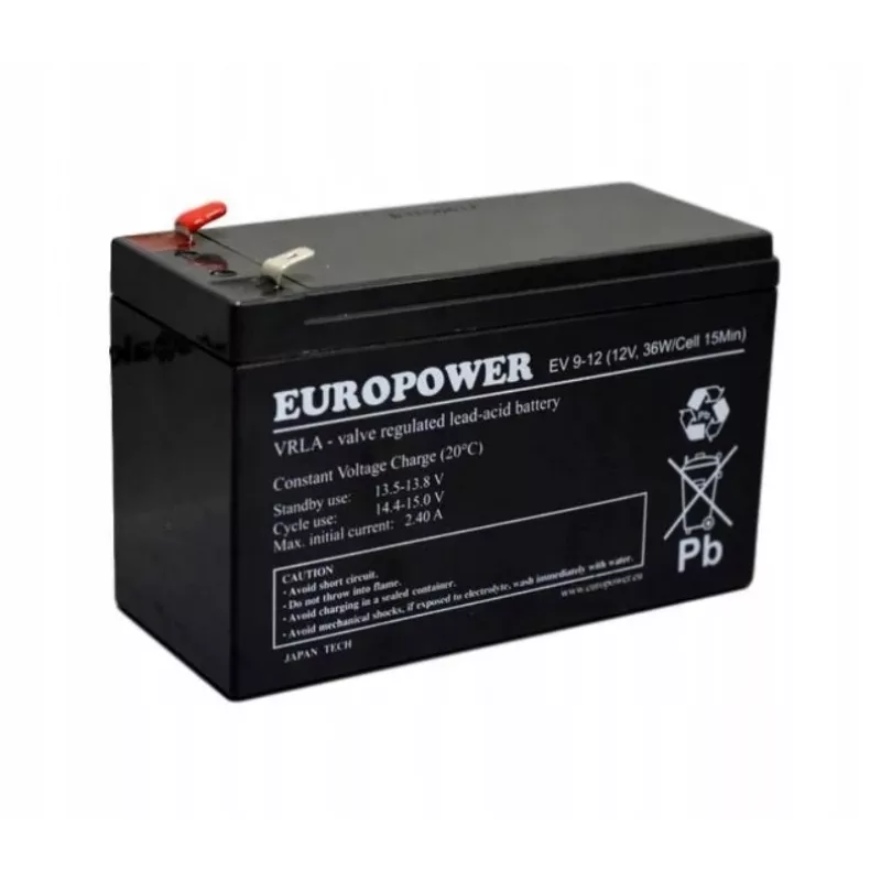 Švino rūgšties sandarus akumuliatorius europower EV 12-9 — 12 V 9 Ah UPS ir atsarginiam maitinimui
