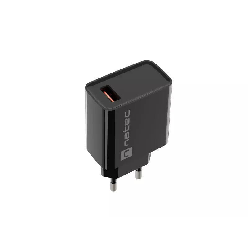NATEC AC greitasis laidinis sieninis įkroviklis Ribera — 18 W (5–15 V, iki 3 A), 1× USB-A, Huawei FCP/SCP, juodas