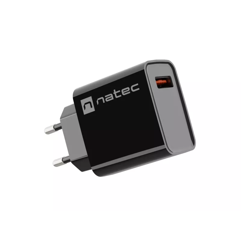 NATEC AC greitasis laidinis sieninis įkroviklis Ribera — 18 W (5–15 V, iki 3 A), 1× USB-A, Huawei FCP/SCP, juodas