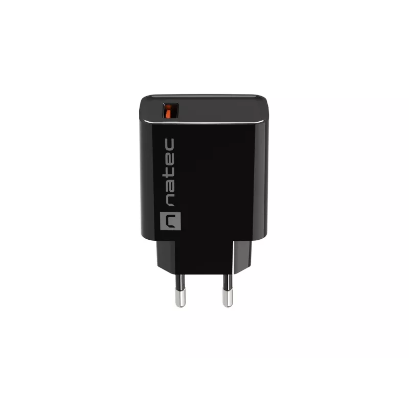 NATEC AC greitasis laidinis sieninis įkroviklis Ribera — 18 W (5–15 V, iki 3 A), 1× USB-A, Huawei FCP/SCP, juodas