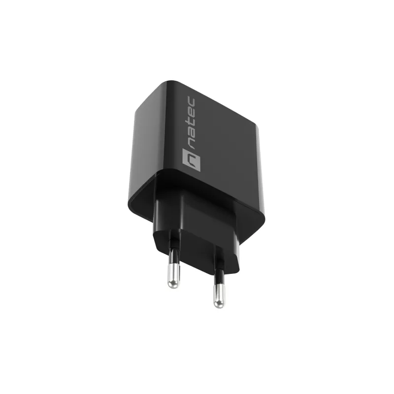 NATEC AC greitasis laidinis sieninis įkroviklis Ribera — 18 W (5–15 V, iki 3 A), 1× USB-A, Huawei FCP/SCP, juodas