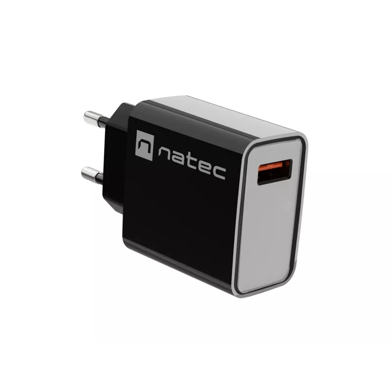 NATEC AC greitasis laidinis sieninis įkroviklis Ribera — 18 W (5–15 V, iki 3 A), 1× USB-A, Huawei FCP/SCP, juodas