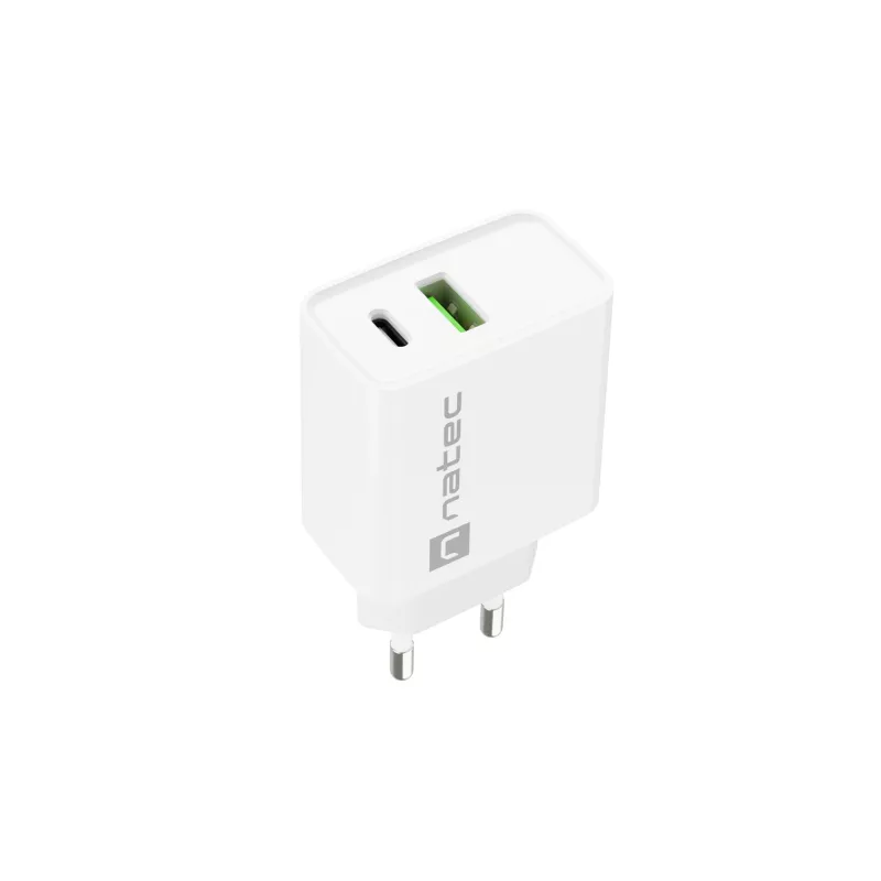 Sieninis greitasis įkroviklis NATEC RIBERA 12V 20W USB-C PD 3.0 + USB-A Samsung AFC Baltas