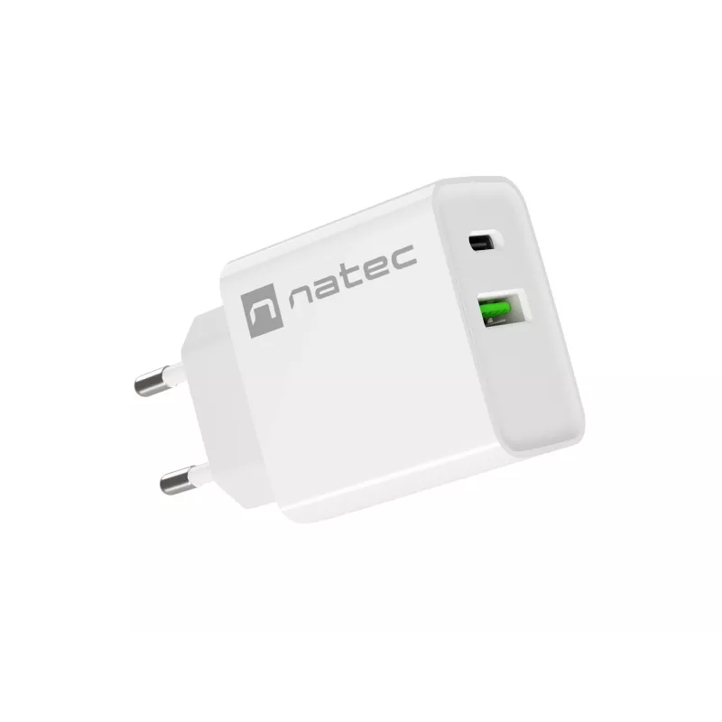 Sieninis greitasis įkroviklis NATEC RIBERA 12V 20W USB-C PD 3.0 + USB-A Samsung AFC Baltas
