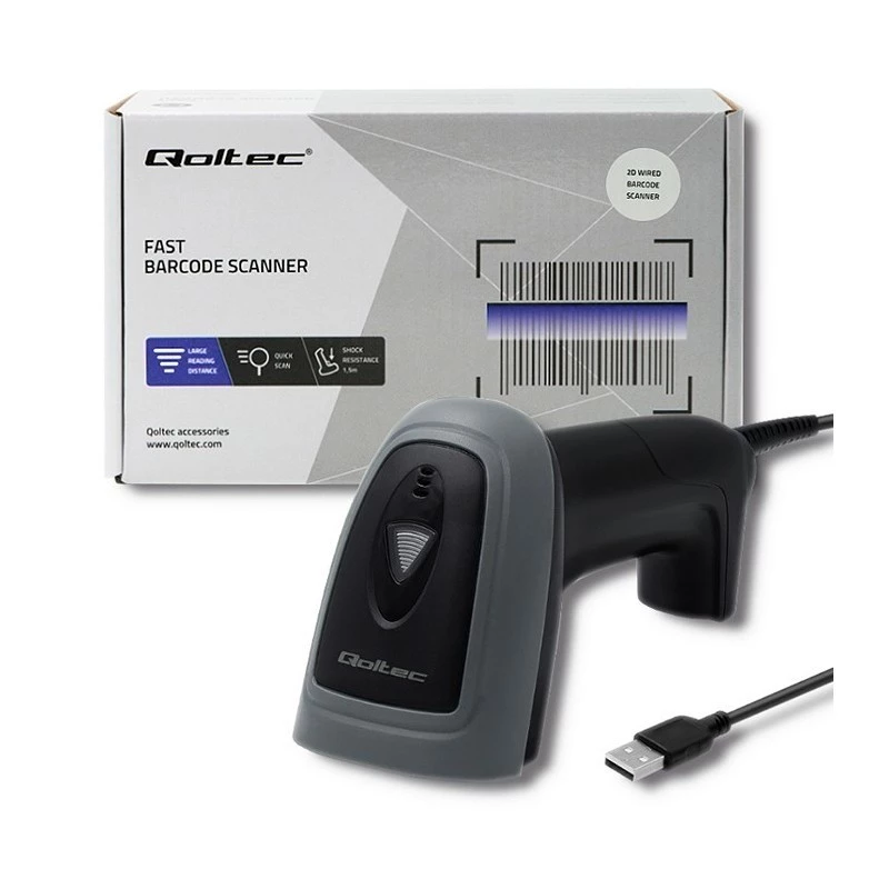 Nešiojamas brūkšninių kodų skaitytuvas QOLTEC 50863 – 1D/2D, USB, LED, juodas, 5V, 1,8 m laidas