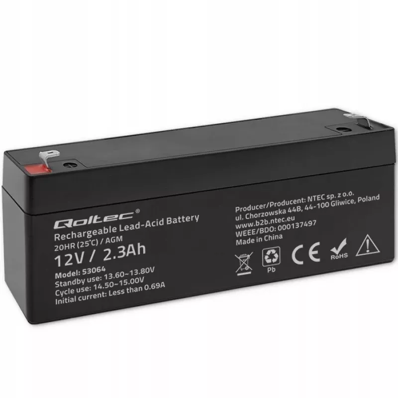 Sandari AGM baterija QOLTEC 12V 2,3Ah UPS ir atsarginėms sistemoms, maks. iškrova 34,5A