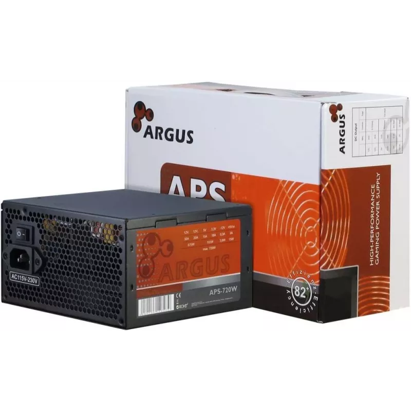 INTER TECH Argus APS-720W - Maitinimo šaltinis (115-230 V, 20+4 pin ATX, 47-63 Hz, 12V1, +12V2, +3,3V, +5V, +5Vsb, 12V, aktyvus PFC, ATX, juoda)