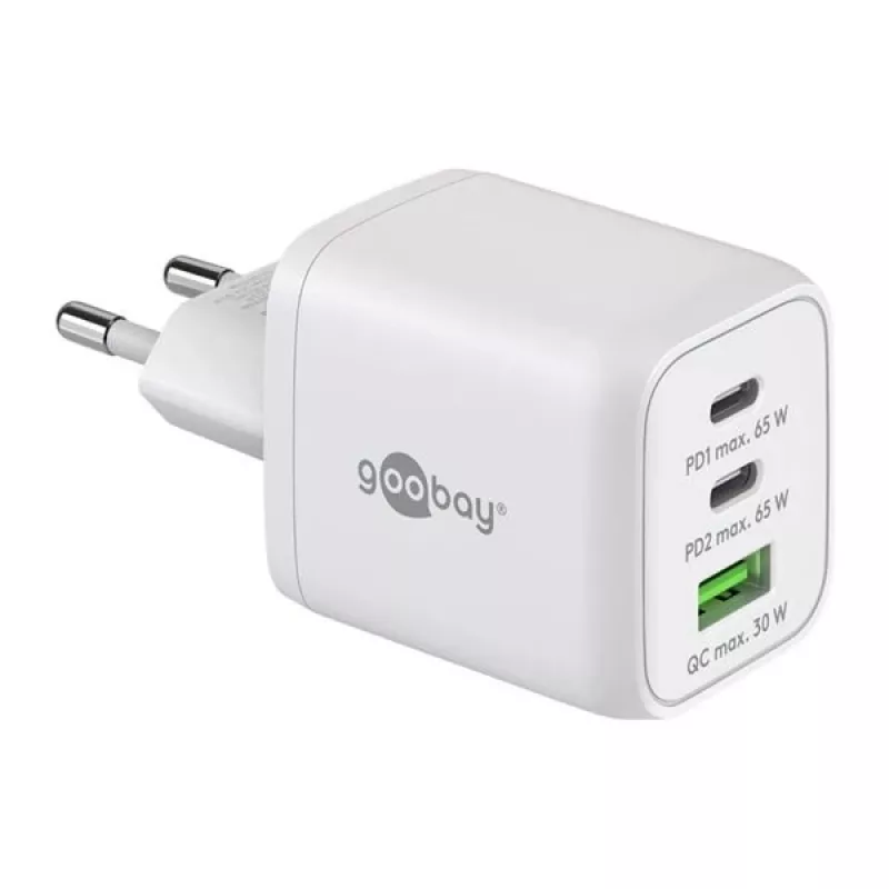 USB-C greitasis įkroviklis Nano, PD, GaN, 65 W (baltas, 1x USB-A, 2x USB-C PD, Charge 3.0)