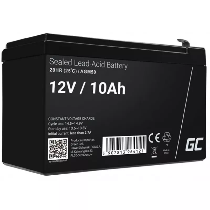UPS baterija Green Cell AGM50 12 V 10 Ah VRLA AGM, 65×151×95 mm, 2,45 kg, juoda