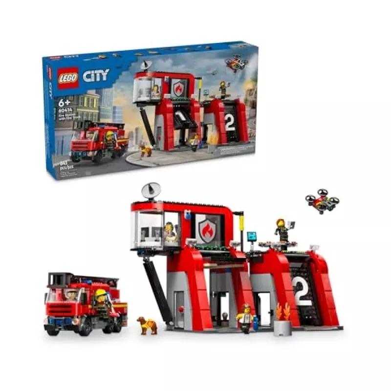 Konstruktorius LEGO City Gaisrinė su sukamu kopėčių automobiliu 60414 — 843 detalės, 5 minifigūrėlės, 220×320×140 mm