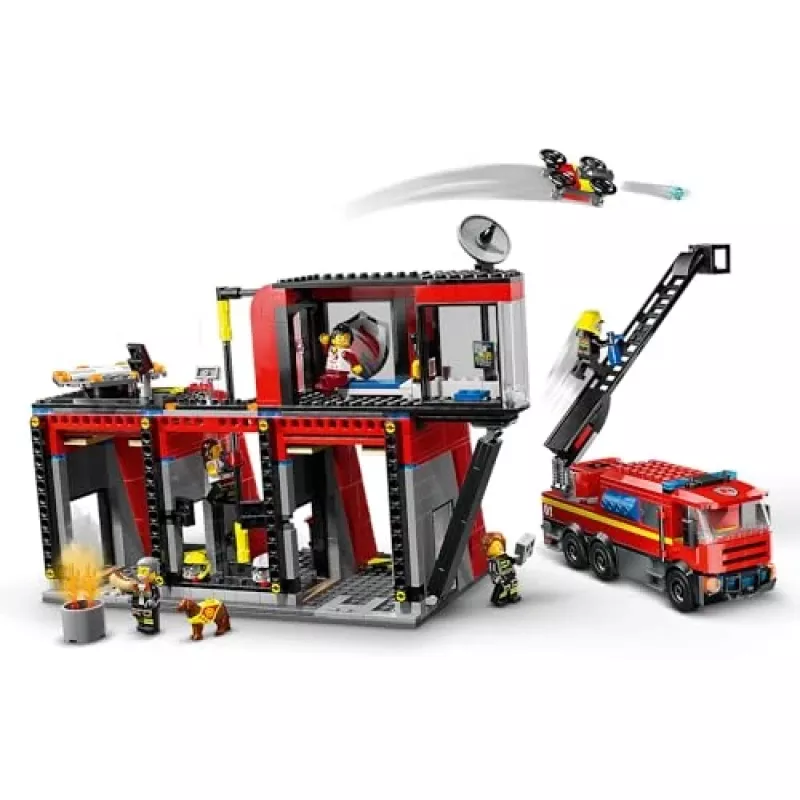 Konstruktorius LEGO City Gaisrinė su sukamu kopėčių automobiliu 60414 — 843 detalės, 5 minifigūrėlės, 220×320×140 mm