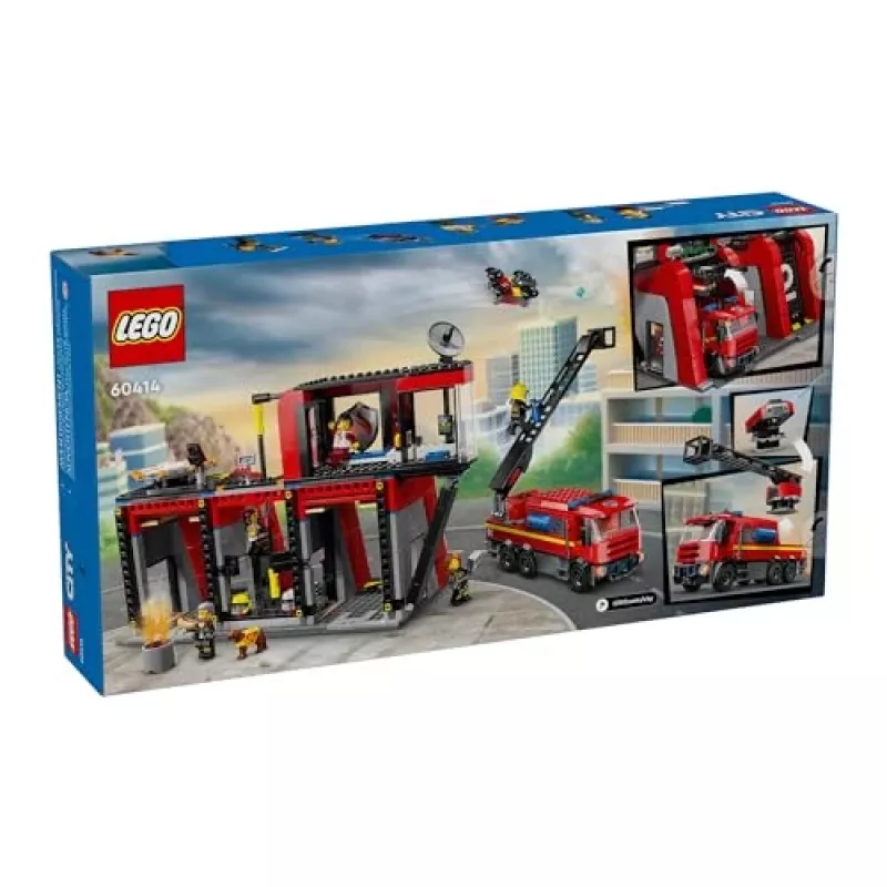 Konstruktorius LEGO City Gaisrinė su sukamu kopėčių automobiliu 60414 — 843 detalės, 5 minifigūrėlės, 220×320×140 mm