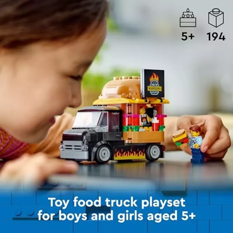 LEGO City Burger Van Maistas Iš Furgono Žaislas 5+ Metų Berniukams Ir Mergaitėms Transporto Priemonės Statybos Rinkinys Su Pardavėjo Minifigūra Ir Aksesuarais