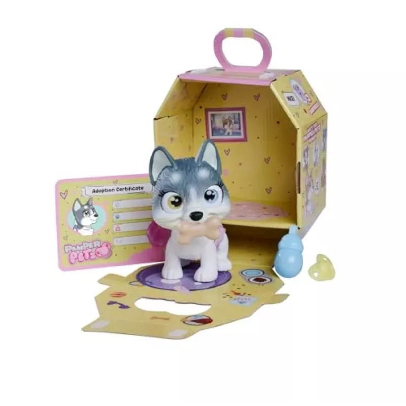 Simba Pamper Petz Husky 105950135 – mielas gyvūnėlis kūdikis su gėrimo ir šlapinimosi funkcija, vystyklai su spalvos keitimo funkcija, stebuklinga letenėlė ir trys staigmenos