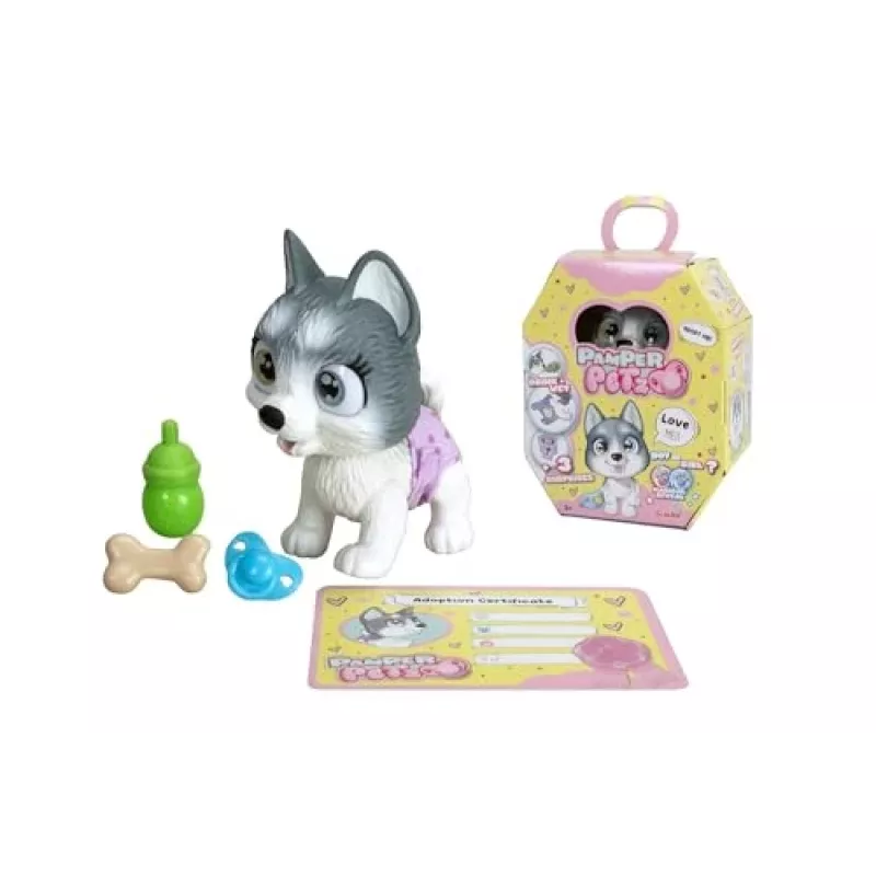 Simba Pamper Petz Husky 105950135 – mielas gyvūnėlis kūdikis su gėrimo ir šlapinimosi funkcija, vystyklai su spalvos keitimo funkcija, stebuklinga letenėlė ir trys staigmenos