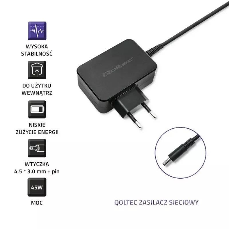 QOLTEC Power Adapter for Dell Laptop 45W 19,5V 2.31A 4.5x3.0mm Blue Tip
