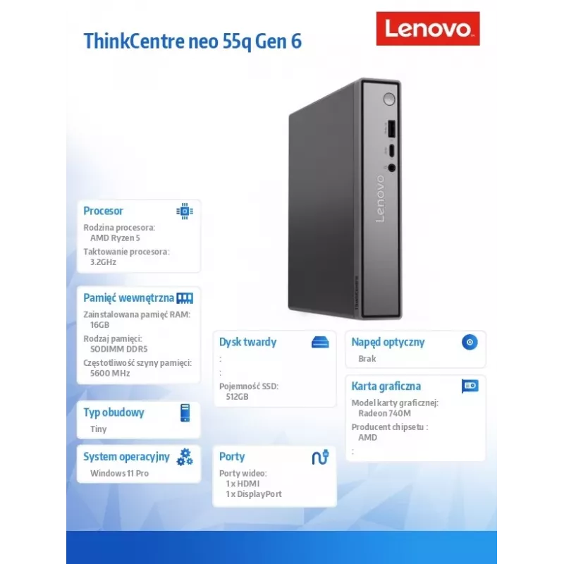 Lenovo ThinkCentre neo 55q Gen 6 13GN000MPB mini kompiuteris, AMD Ryzen 5 220, 16GB DDR5, 512GB SSD, Windows 11 Pro