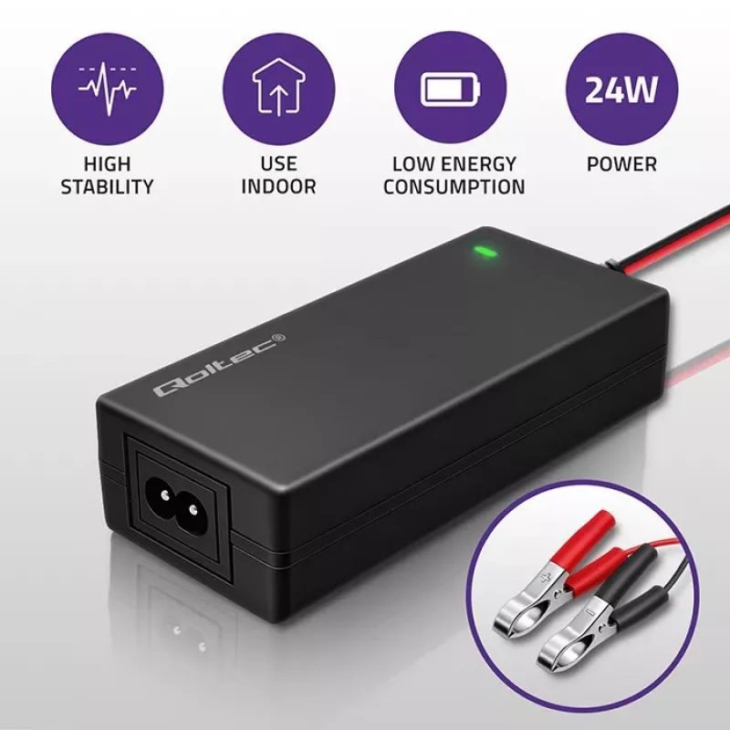 Qoltec automatinis akumuliatoriaus įkroviklis AGM GEL STD | Lygintuvas 12V | 2A | 24W | LED | Laidas 1,8m