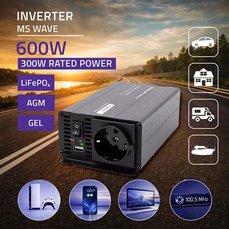Qoltec MS Wave Power Inverter 12V to 230V 300/600W USB Compatible with LiFePO4 GEL AGM