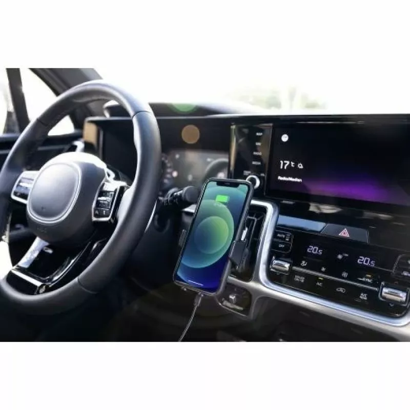 ANSMANN WiLine 15 belaidis automobilinis kroviklis su laikikliu - 15W Qi greitas krovimas, automatinis suspaudimas, 360° sukimasis, juoda
